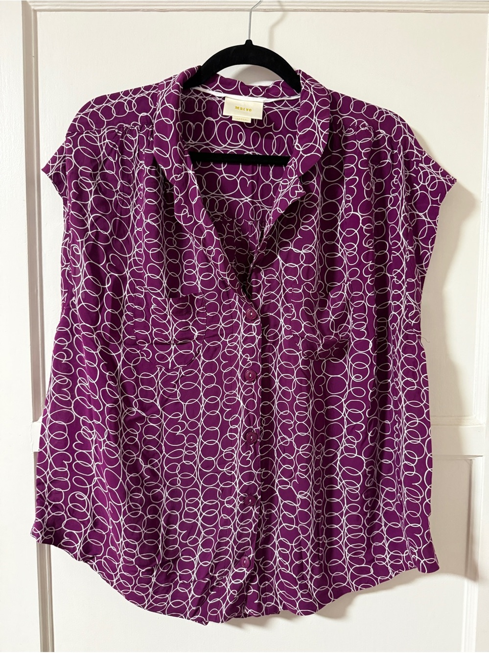 Anthropologie Maeve Purple Heart Patterned Cap-Sleeve Blouse (Size L)